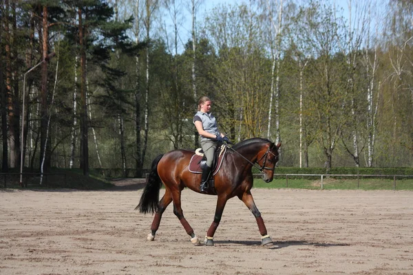 Jovem mulher trotting no o cavalo — Fotografia de Stock