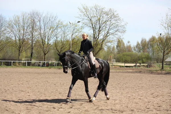 Bionda donna equitazione cavallo nero — Foto Stock