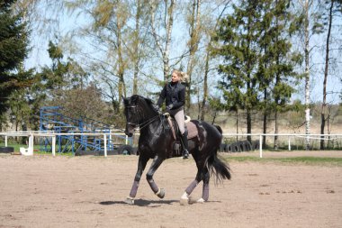 sarışın kadın binicilik siyah at