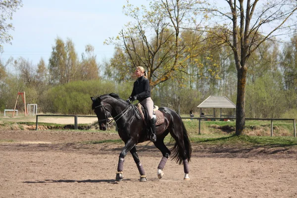 Mujer rubia montando caballo negro — Foto de Stock