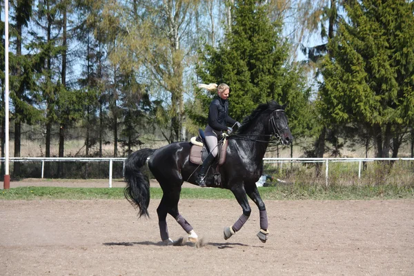 Jovem mulher montando cavalo preto — Fotografia de Stock