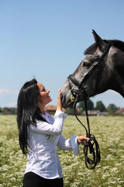 Beautiful caucasian young woman and horse portrait — Stock Photo, Image