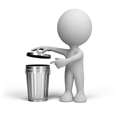 3D adam elini kapaklı çelik bir çöp kutusuna doğrultuyor. 3 boyutlu görüntü. Beyaz arkaplan.