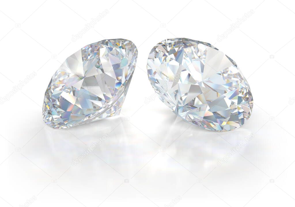 Two large, beautiful diamonds. 3d image. White background.