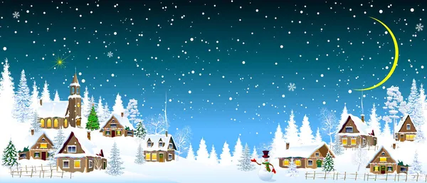 Σπίτια Χωριό Εκκλησία Έλατο Χειμερινό Αγροτικό Τοπίο Χριστούγεννα Χιόνι Χιονισμένα — Διανυσματικό Αρχείο