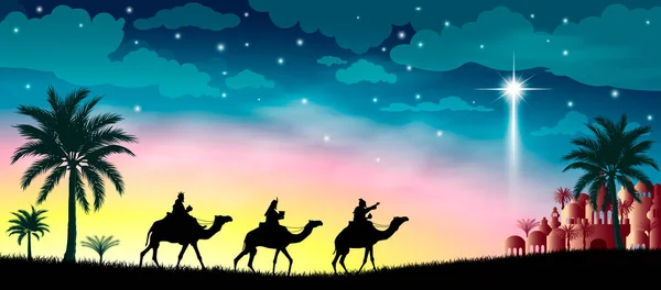 Beytüllahim yıldızının arka planına karşı üç bilge adam. Beytüllahim 'e hediyelerle yolculukları. İsa 'nın doğumunun arifesinde İncil sahnesi. Noel.