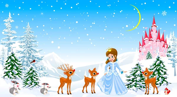 公主和动物们在冬季的森林里 背靠着一座城堡和被雪覆盖的树木 冬雪之夜 — 图库矢量图片