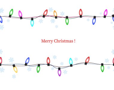 Rengarenk Noel ışıkları çelengi. Kusursuz ampul ve kar taneleri hattı. Çok renkli ampullerin çerçevesi.
