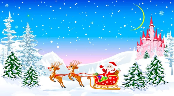 Kışın Karlı Ormanda Ren Geyiğiyle Noel Baba Noel Arifesi Prenses — Stok Vektör