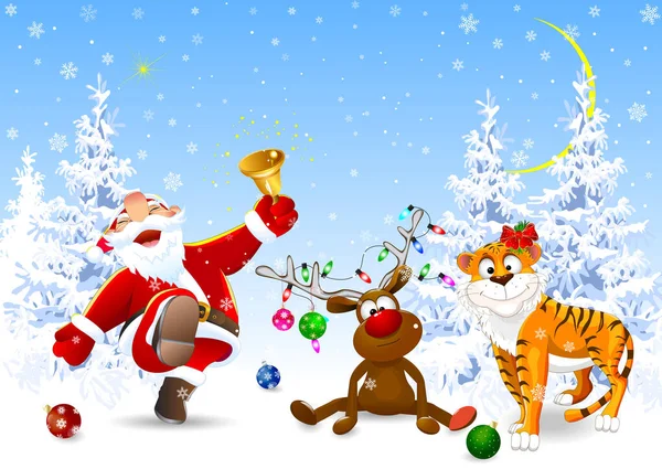 圣诞前夕 圣诞老人带着铃铛 一头鹿和一只老虎在冬天的森林里 — 图库矢量图片