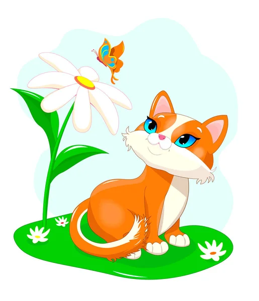 卡通猫坐在草坪上 看着花朵上方的蝴蝶 — 图库矢量图片
