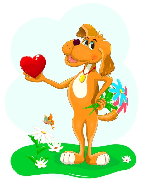 Tecknad Hund Som Håller Ett Hjärta Och Liten Bukett Blommor — Stock vektor
