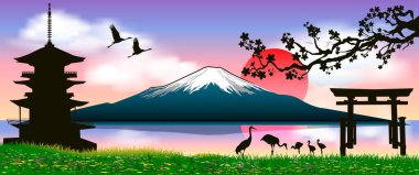 Gün batımında Fuji Dağı 'nın silueti. Fuji bir pagoda, kırmızı güneş ve turna kuşlarının arka planına karşı..                                                                                                                                                      