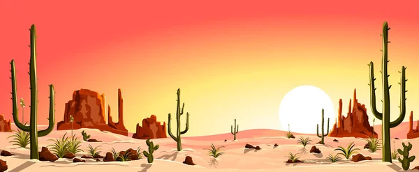 Desierto Arena Con Cactus Montañas Piedras Puesta Sol Desierto Siluetas — Vector de stock
