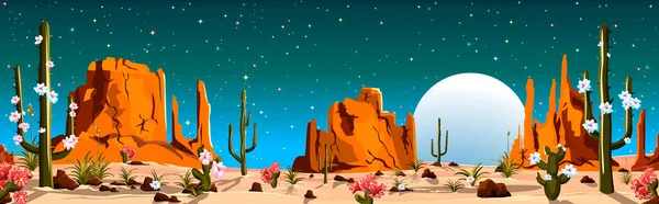 Песчаная Пустыня Кактусами Горы Камни Ночь Пустыне Лунный Свет Звезды — стоковый вектор