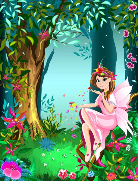 Цветочная Фея Среди Цветов Фоне Леса Маленькая Девочка Цветами Сказочном — стоковый вектор