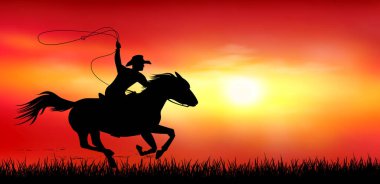 A man riding a horse. Cowboy with a lasso in his hands. A horse rider gallops against the backdrop of a sunset.