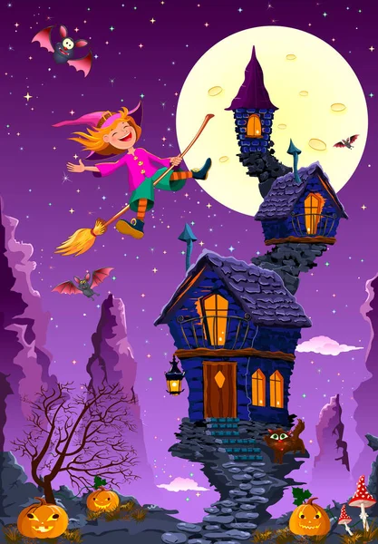 만화에 나오는 마녀는 바위투성이 의산들을 배경으로 빗자루 날아다닌다 보름달 밤하늘에 — 스톡 벡터