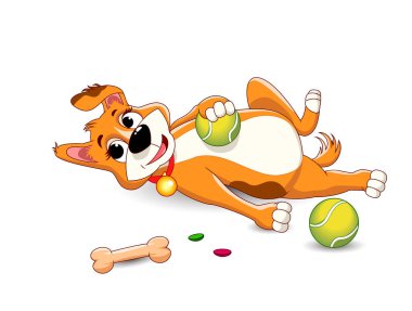 Çizgi filmdeki küçük köpek uzanmış tenis topuyla oynuyor. Köpekçik oyuncaklarla oynuyor.