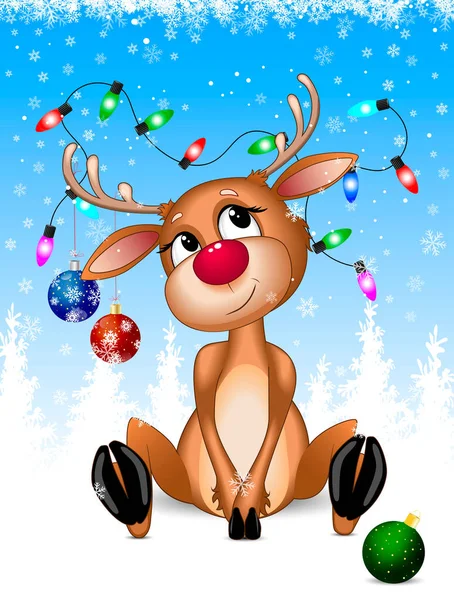 Rena Dos Desenhos Animados Decorada Com Decorações Natal Senta Neve —  Vetores de Stock