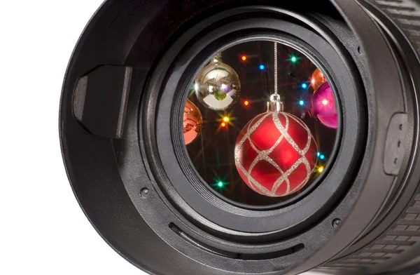 Boules de Noël en lentille de caméra — Photo