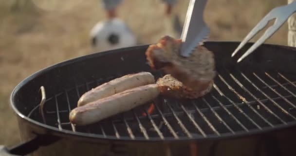 Cooking Tasty Meat Sausages Barbecue Grill Outdoors Closeup — Stock Video