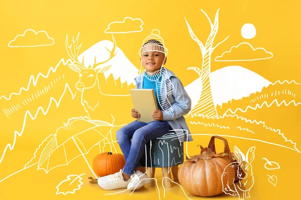 Cute African American Boy Pumpkins Book Drawn Forest Color Background — Stock Photo, Image