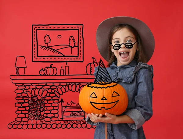 Carino Bambina Con Zucca Vicino Camino Disegnato Sfondo Colore Concetto — Foto Stock