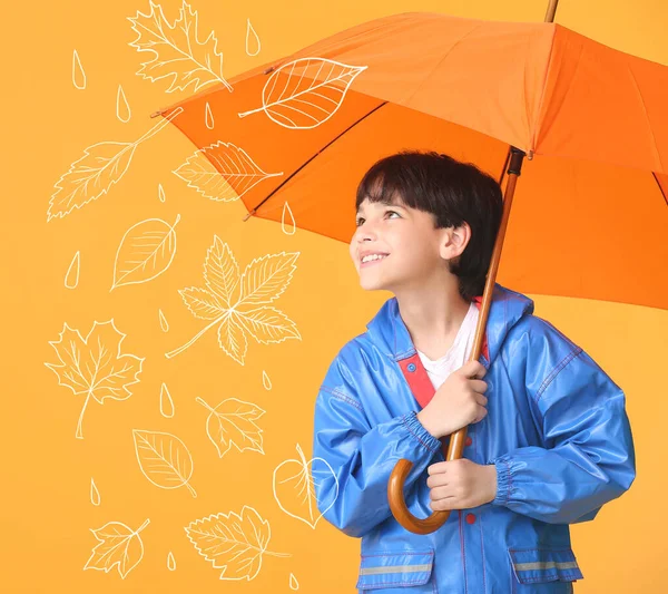 Cute Little Boy Raincoat Umbrella Color Background Autumn Concept — Stock Photo, Image