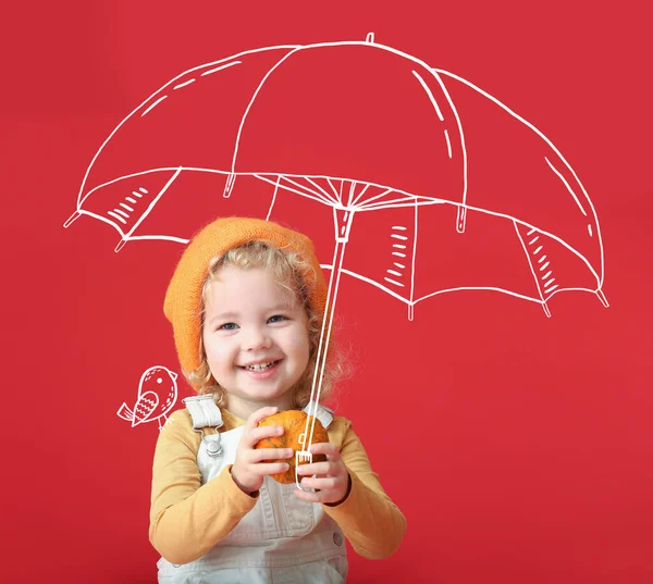 Cute Little Girl Pumpkin Drawn Umbrella Color Background Autumn Concept — Stock Photo, Image