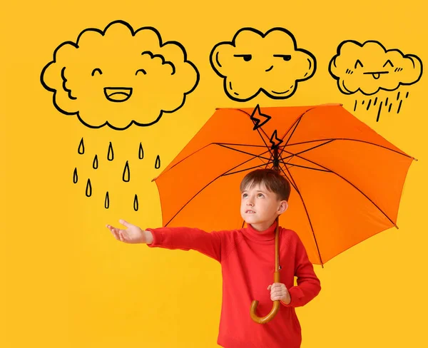 Cute Little Boy Umbrella Drawn Funny Clouds Color Background Autumn — Stock Photo, Image