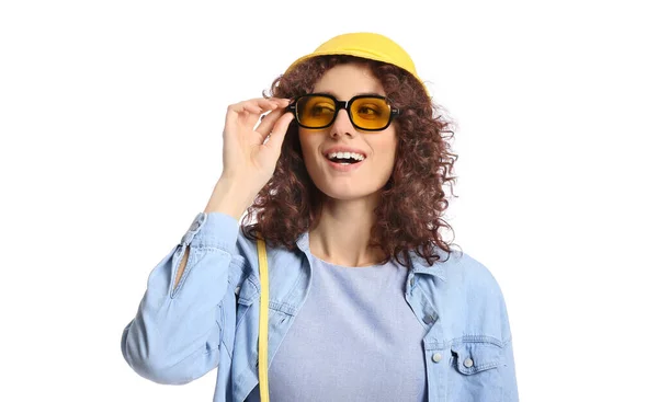 Happy Woman Stylish Sunglasses Wearing Bucket Hat White Background — Stock Photo, Image