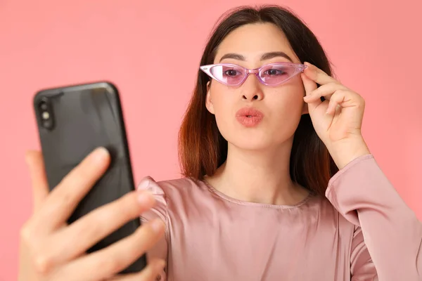 Stylish Young Asian Woman Taking Selfie Color Background — Stock Photo, Image
