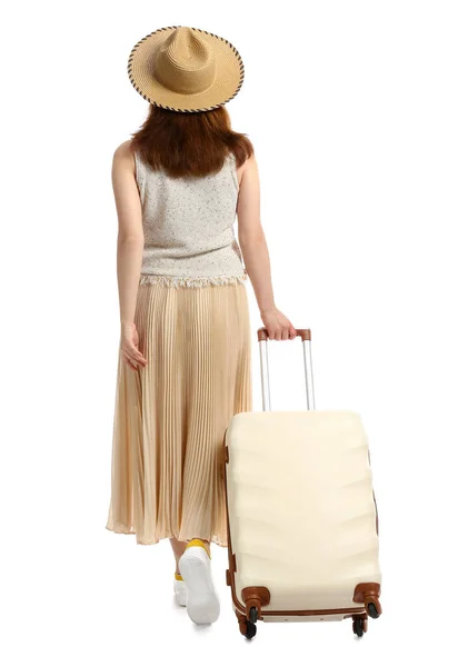 Young Woman Suitcase White Background — Stock Photo, Image