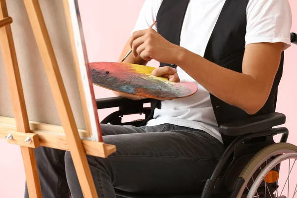 Young Male Artist Wheelchair Painting Picture Color Background — Stock Photo, Image