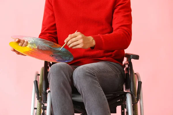 Young Male Artist Wheelchair Color Background — Stock Photo, Image