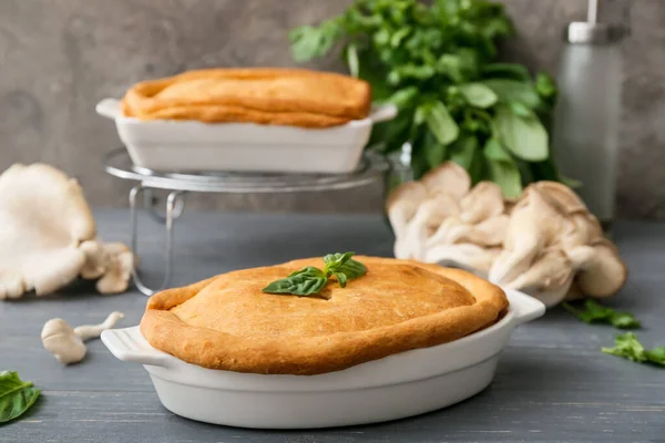 Baking Dishes Tasty Mushroom Pot Pie Table — Stock Photo, Image