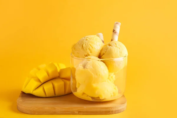 Bowl Delicious Mango Ice Cream Balls Color Background — Stock Photo, Image
