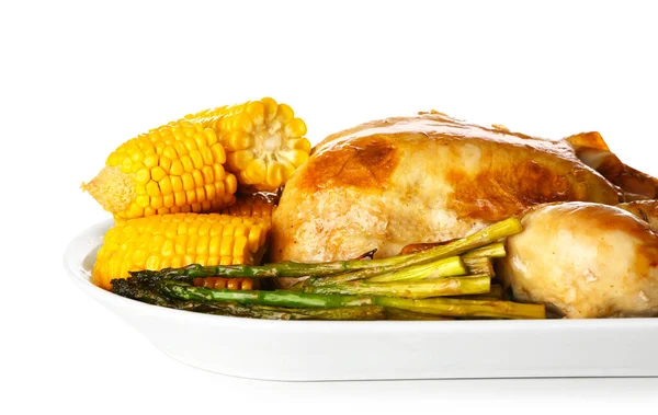 Tasty Baked Turkey Vegetables Thanksgiving Day White Background Closeup — Stock Photo, Image