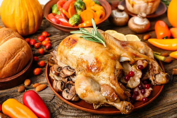 Tasty Baked Turkey Different Food Thanksgiving Day Wooden Background — Stock Photo, Image