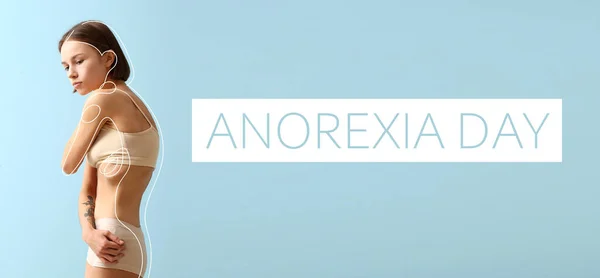 Mulher Magro Fundo Cor Dia Internacional Luta Contra Anorexia — Fotografia de Stock