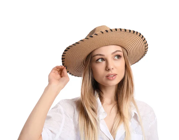 Young Woman Wicker Hat Looking Away White Background Closeup — Stock Photo, Image