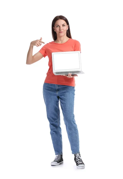 Pretty Young Woman Laptop White Background — Stock Photo, Image