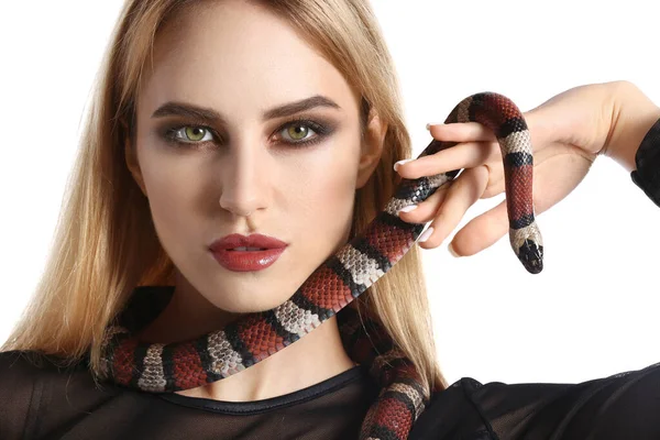 Sexy Young Woman Snake White Background — Stock Photo, Image