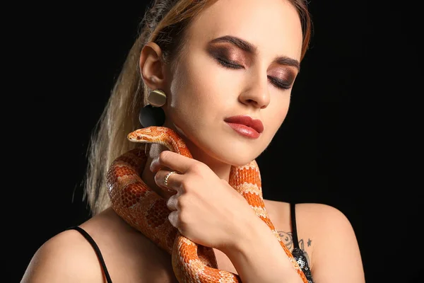 Sexy Young Woman Snake Black Background — Stock Photo, Image