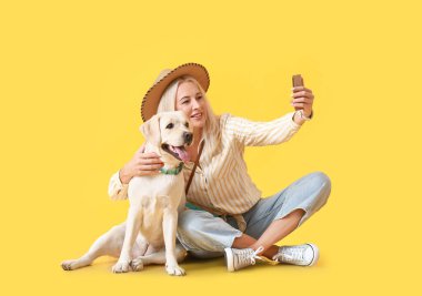 Tatlı Labrador köpeği olan olgun bir kadın sarı arka planda selfie çekiyor.