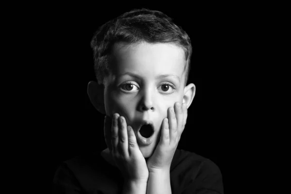 Black White Portrait Surprised Little Boy Dark Background — Stock Photo, Image