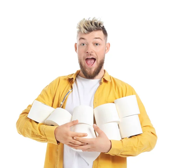 Щасливий Молодий Чоловік Багатьма Рулонами Туалетного Паперу Білому Тлі — стокове фото