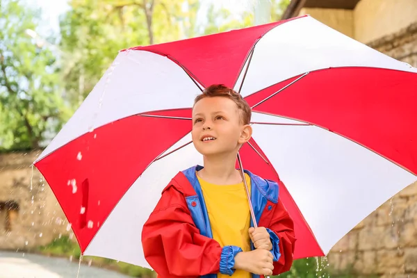 Cute Little Boy Umbrella Outdoors Rainy Day — Stock Photo, Image