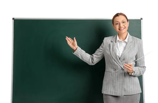 Portrait Female Teacher Chalkboard White Background — Stock Photo, Image